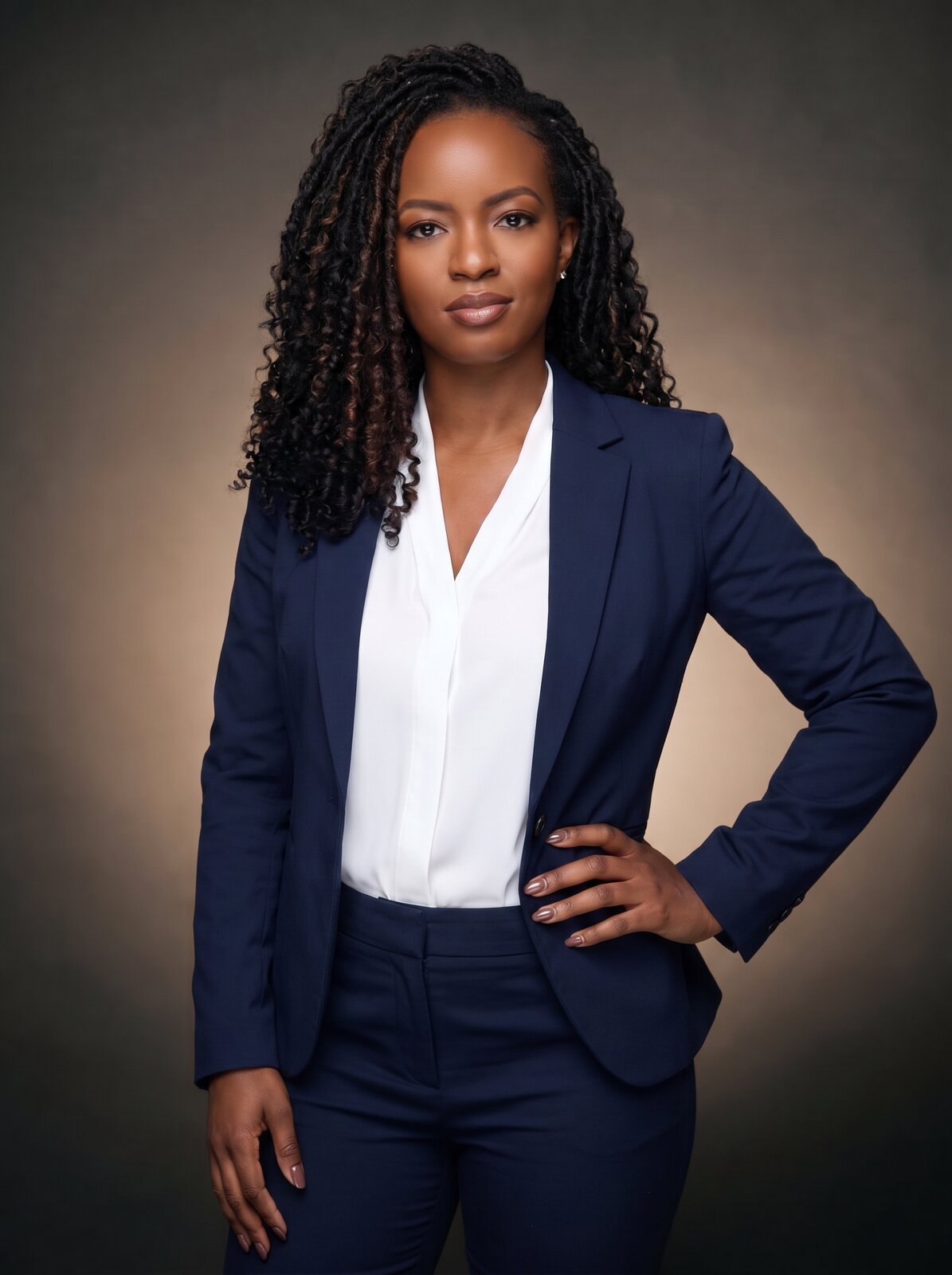 Alisha Bryant, Director of Operations, in a tailored navy suit