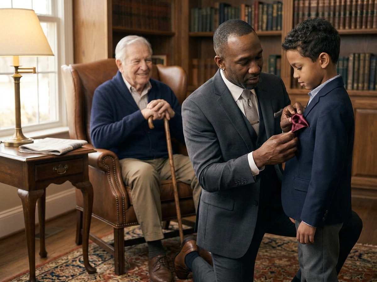 Kelvin kneeling to teach a young grandson how to fold a burgundy silk pocket square while the boy's grandfather watches proudly from a leather wingback armchair