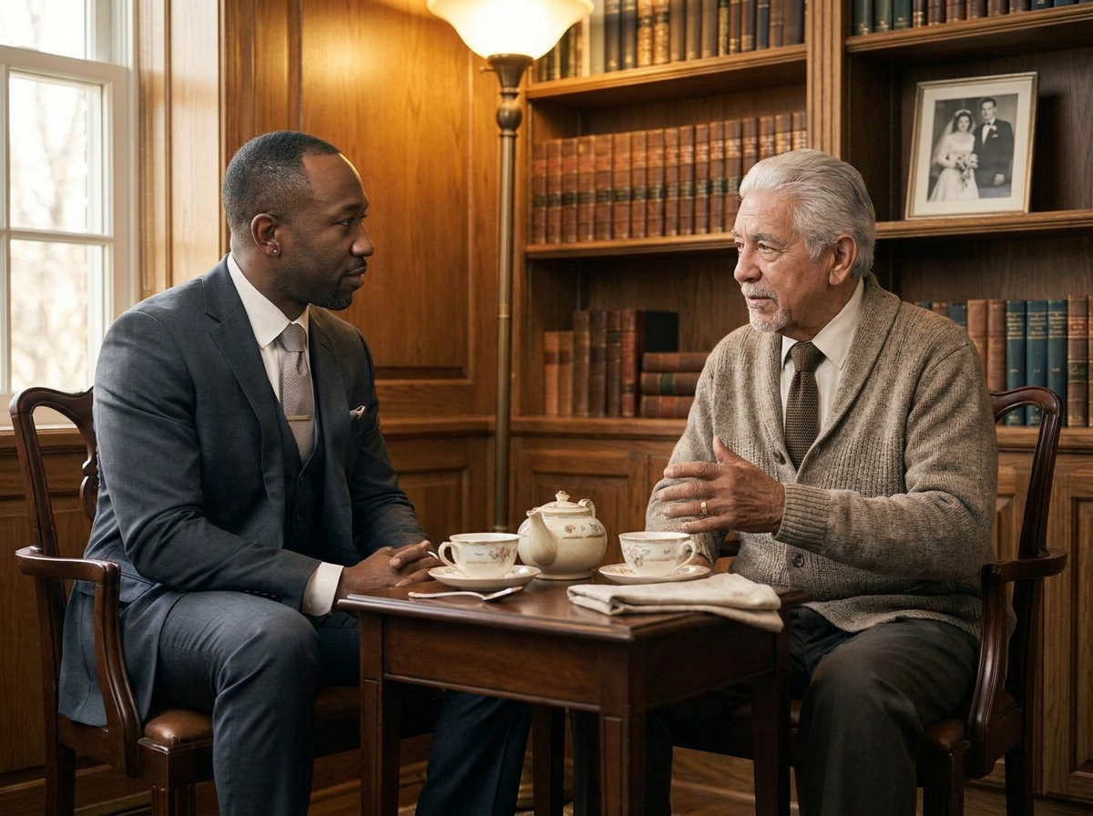 Kelvin seated across a small table from an elderly White widower in his wood-panelled private study, sharing tea and unhurried conversation beside a framed black-and-white wedding photograph