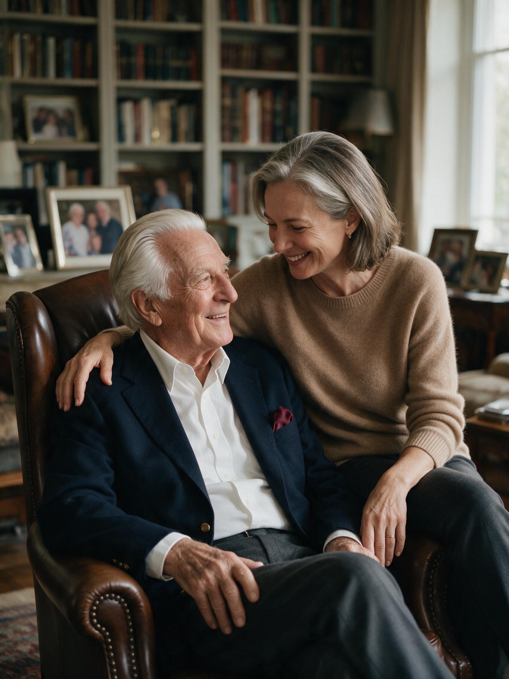 A silver-haired father in a navy blazer shares a quiet, warm moment of conversation with his adult daughter in his private living room