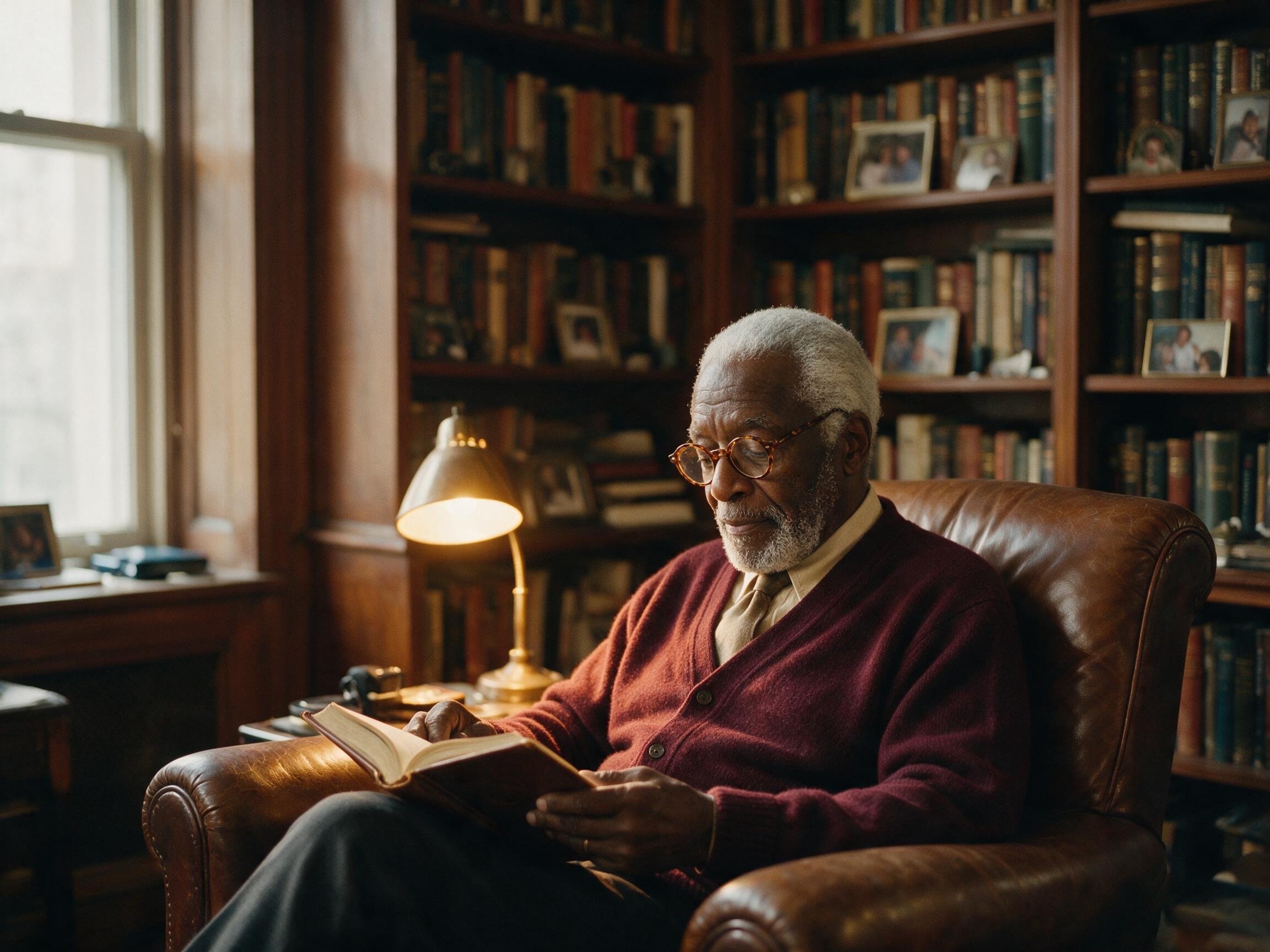 A distinguished gentleman reading in a private library, north-facing light across the page.