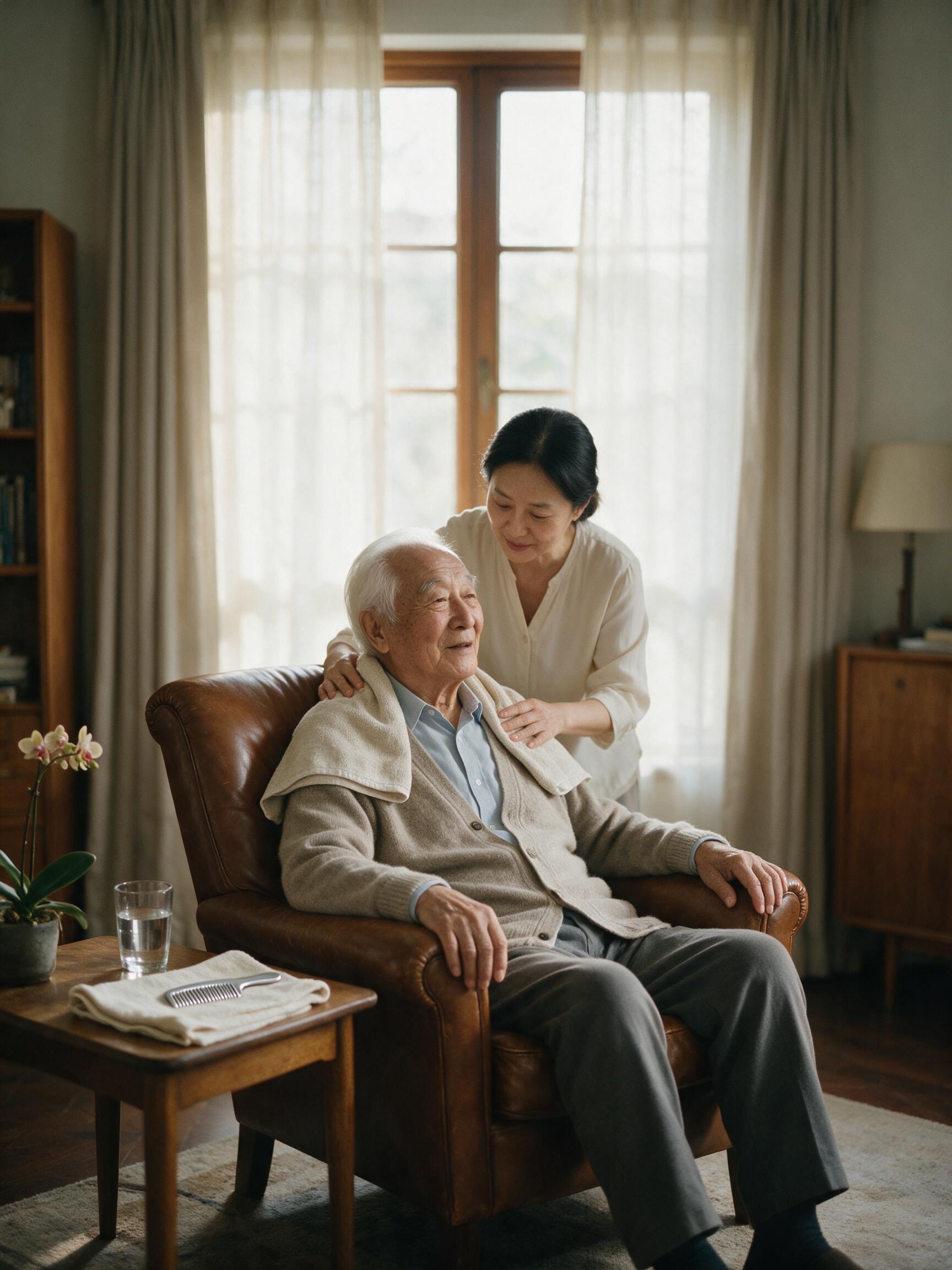 A calm memory care moment: a distinguished elderly gentleman seated in a familiar armchair by a soft-lit window, a caregiver gently placing a warm linen towel around his shoulders