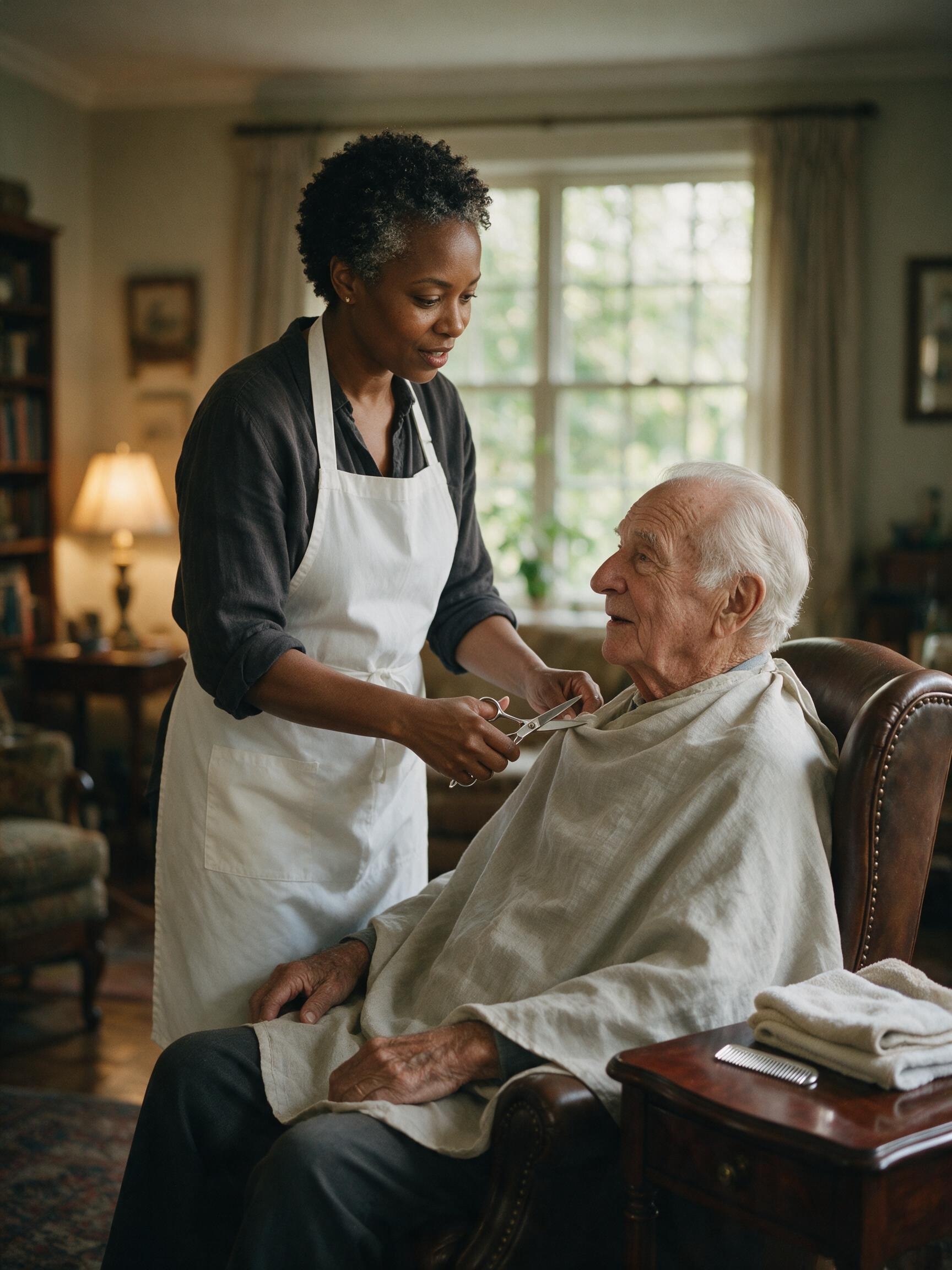 A program lead in a white apron adjusts a linen cape on an elderly gentleman client in his private residence, mid-conversation